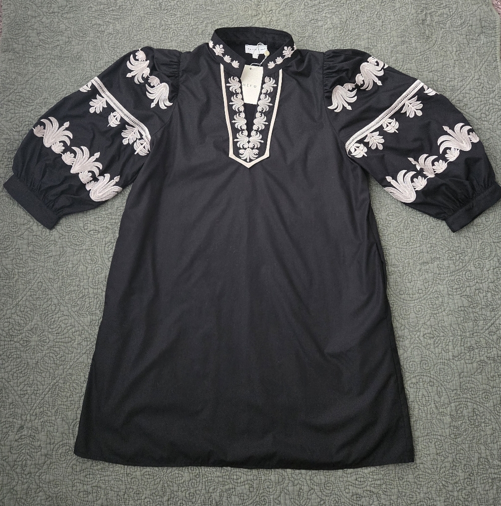 NWT ENTRO Black Dress with  Cream Embroidery Sz S